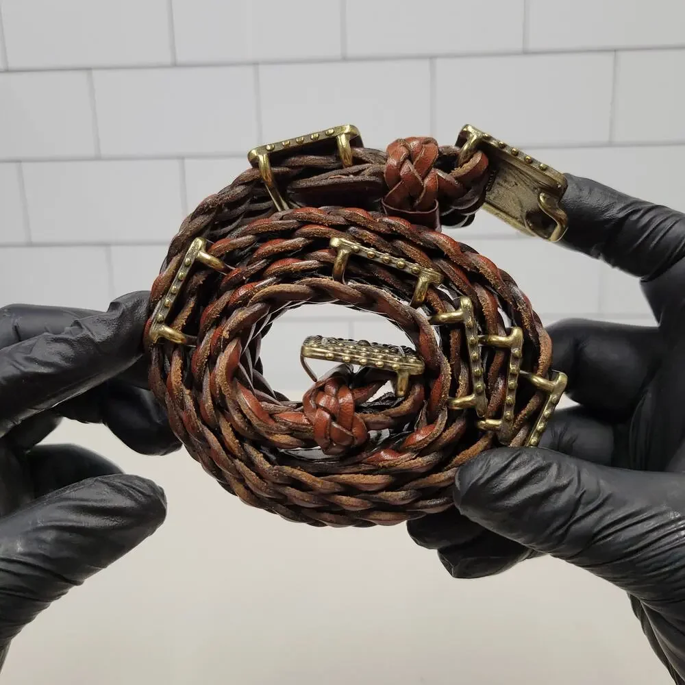 DKNY Brown Braided Leather Belt Gold Tone Buckle Women's Boho Casual Y2K